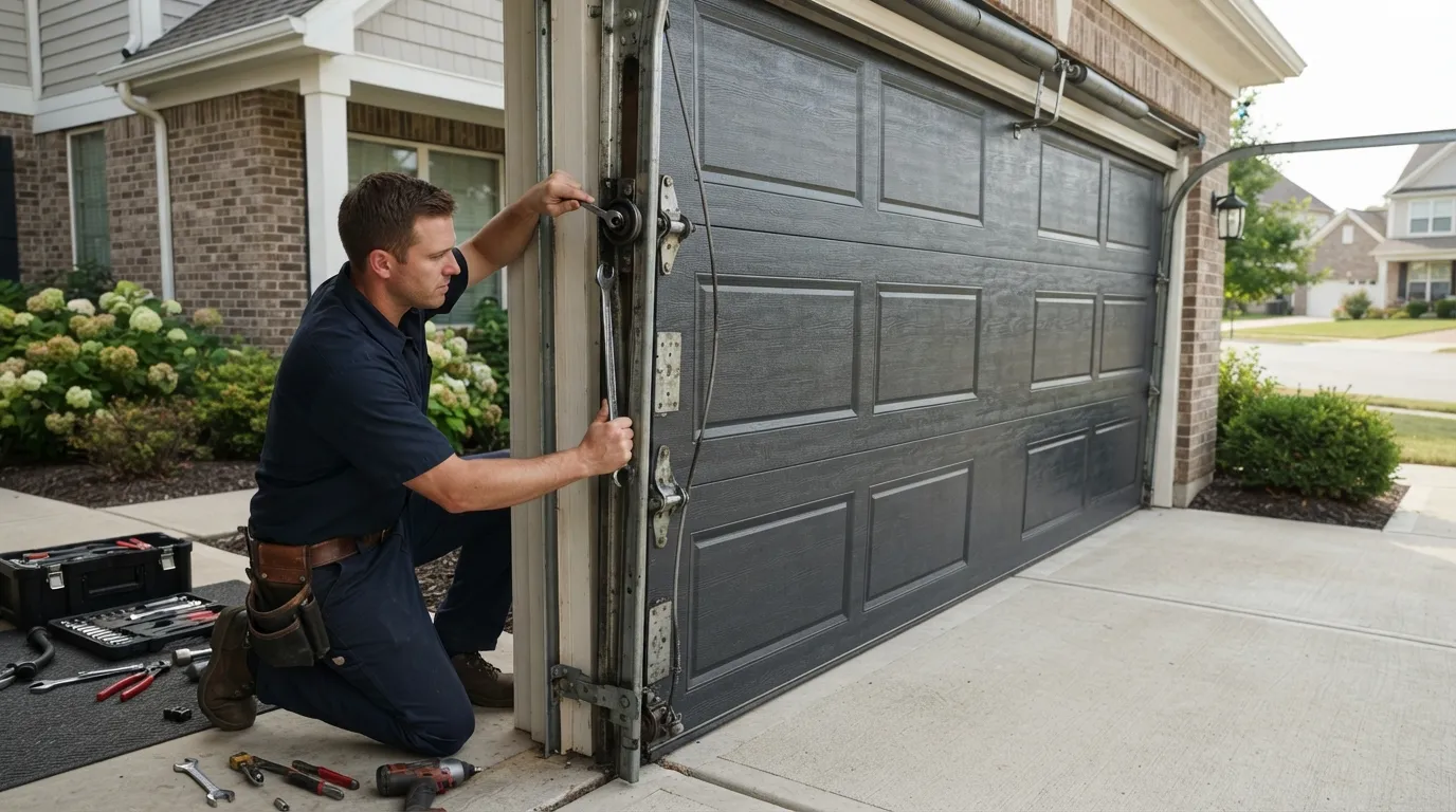 Garage door technician repairing a residential garage door in Temecula California