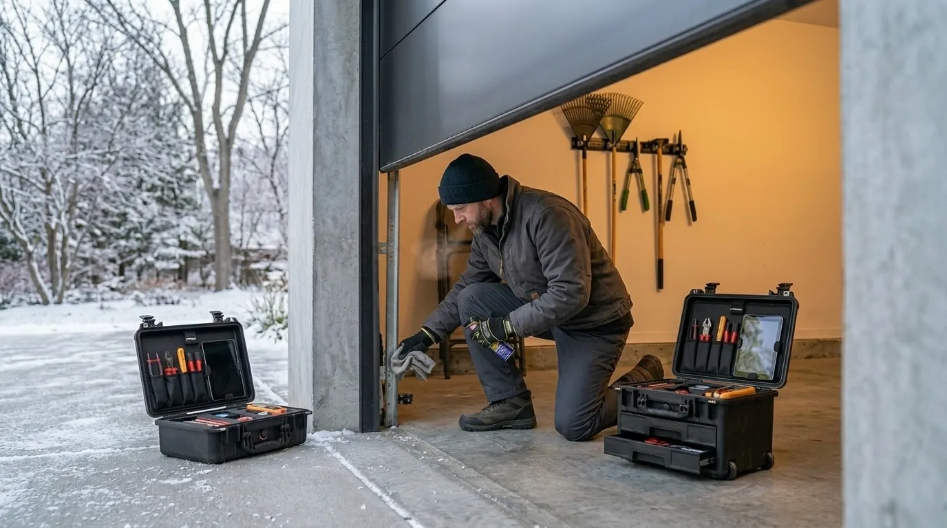 Garage door technician inspecting springs rollers tracks and opener